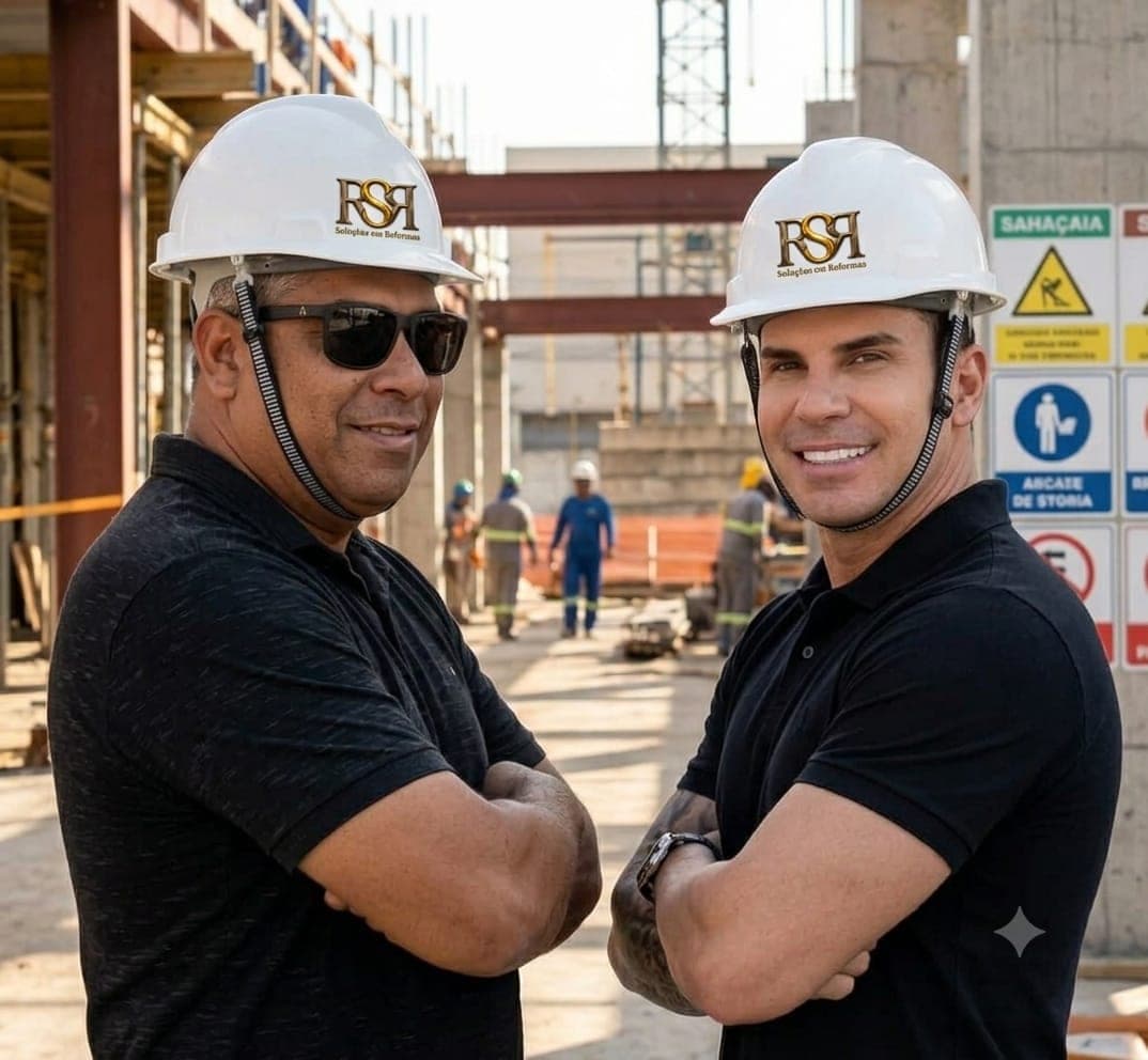 Carlos Furtado e José Policarpo, sócios da Restaura SR, de capacete em um canteiro de obras